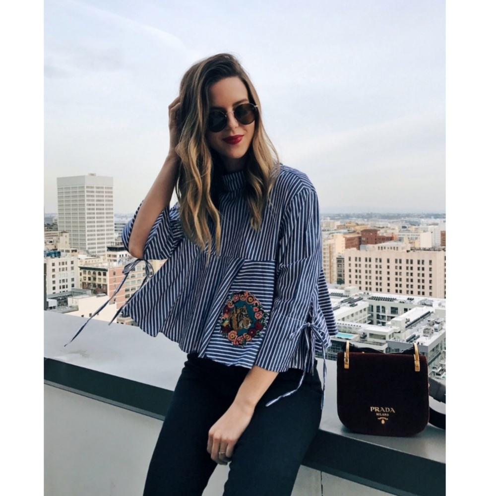 {Zara} Striped Embroidered Tiger Patch Top Navy